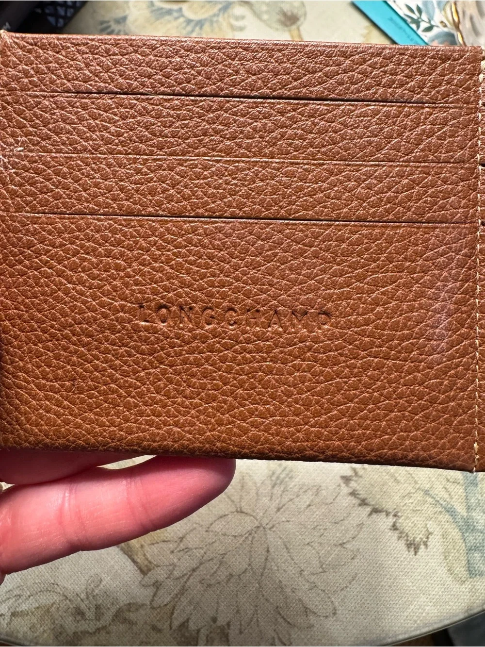 Longchamp Chestnut Brown Pebbled Leather Card Sleeve
